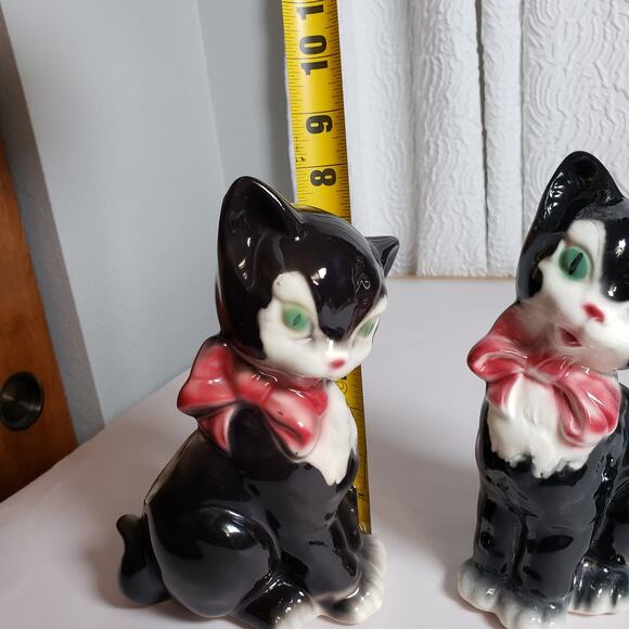 Vintage 50's Ceramic Figaro Cat Statues Figurines Black White Tuxedo Pink Bows - Picture 8 of 10